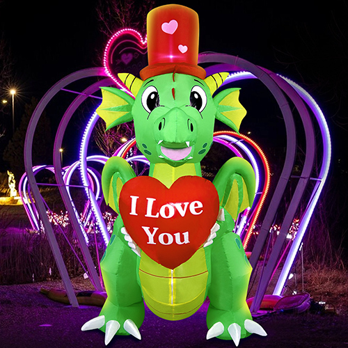 DomKom 5 FT Holiday Inflatable Outdoor Decoration Dragon Holding Love Heart, Lights Holiday Blow Up Yard Decoration for Holiday Party Garden Yard Lawn Spring Décor
