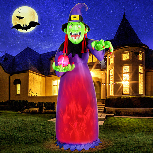 DomKom [Flame Light] 10FT Huge Halloween Inflatable Decoration Witch with Built-in LED Magic Lights, Gaint Holiday Blow Up Decoration for Scary Halloween Party Outdoor, Yard, Garden Lawn Huge Décor