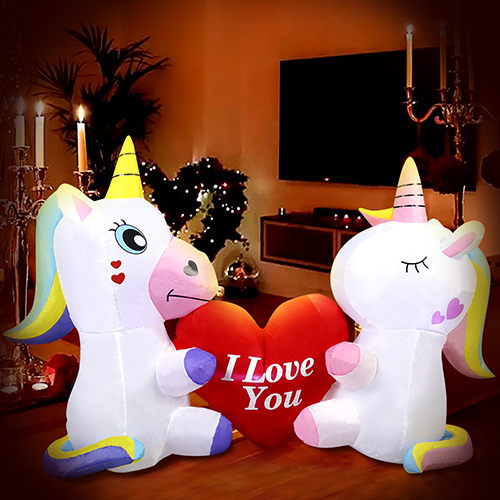 DomKom 5 FT Long Wedding Anniversary Couples Gifts for Her Valentine's Day Inflatable Outdoor Decoration, Unicorns Holding Love Heart, LED Lights Holiday Blow Up