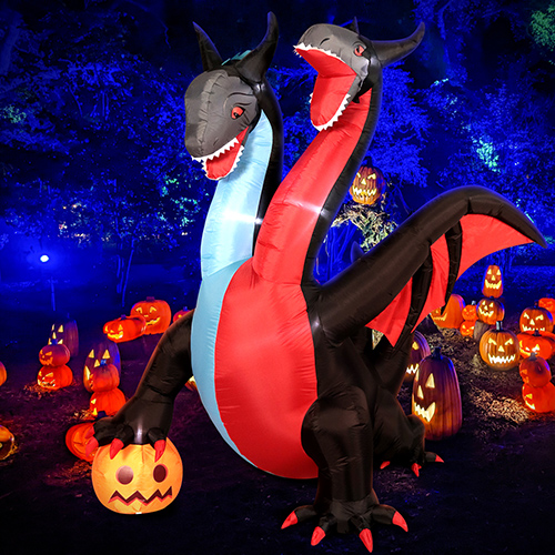 DomKom 8 FT Tall Halloween Inflatables Outdoor Decorations, Giant Fire and Ice Two-Headed Dragon with Pumpkin, LED Lights Holiday Blow Up for Halloween Party Garden Yard Lawn Décor