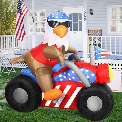 DomKom 6 FT Long Patriotic Independence Day 4th of July Inflatable Outdoor Decoration, Bald Eagle Sitting on Motorcycle, LED Lights Holiday Blow Up for Fourth of July Party Garden Yard Lawn Decor