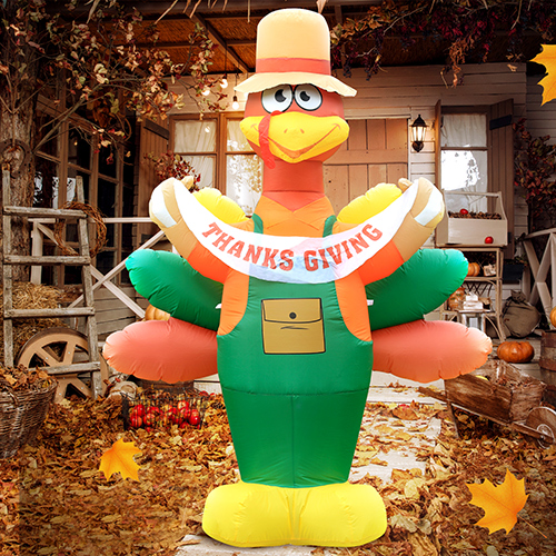 DomKom 8FT Thanksgiving Inflatable Decorations, Blow Up Turkey as Farmer Decor with Colorful Tail and Banner, Happy Décor Outdoor Built-in LED Lights Yard Lawn Garden Autumn Holiday Harvest