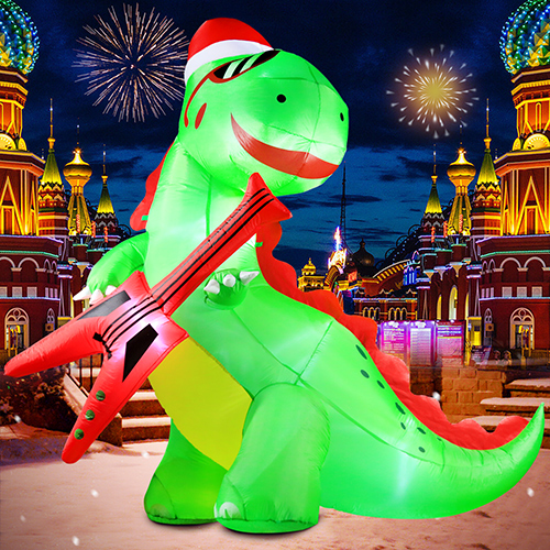 8FT Tall&8FT Long Giant Christmas Inflatable Outdoor Decorations Rock Dinosaur Playing Guitar, LED Lights Holiday Blow Up Rex Yard Decoration for Holiday Party Outdoor Garden Yard Lawn Winter Décor