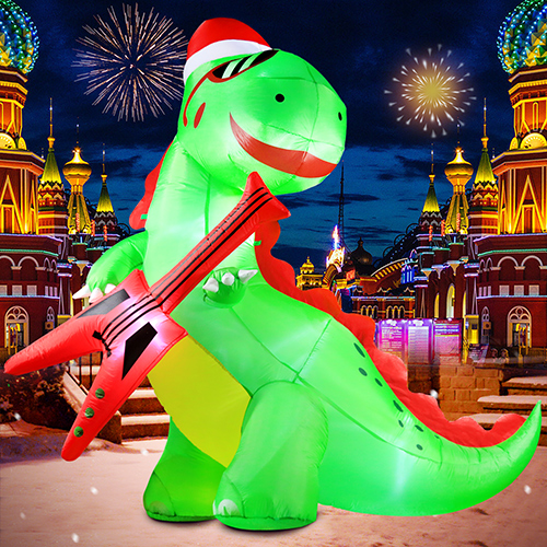  8FT Tall&8FT Long Giant Christmas Inflatable Outdoor Decorations Rock Dinosaur Playing Guitar, LED Lights Holiday Blow Up Rex Yard Decoration for Holiday Party Outdoor Garden Yard Lawn Winter Décor