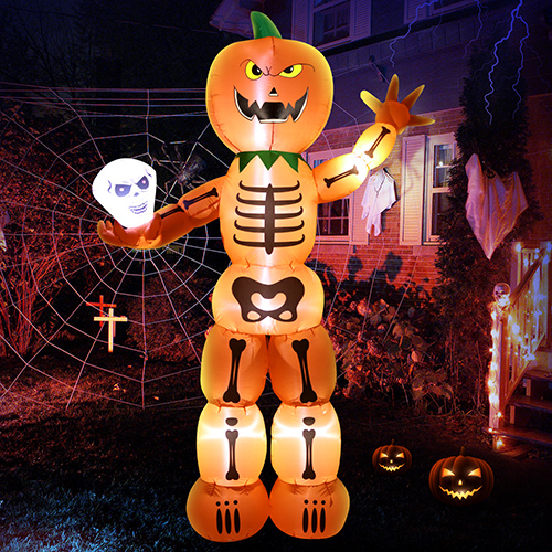 DomKom 8 FT Tall Halloween Inflatables Outdoor Decorations, Giant Skeleton Stacked Pumpkin Man Holding Skull, LED Lights Holiday Blow Up for Halloween Party Garden Yard Lawn Décor