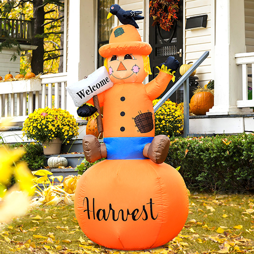 DomKom 6FT Thanksgiving Harvest Inflatable Scarecrow Outdoor Decoration，Build-in LED Lights Holiday Blow Up Yard Decoration for Fall/Thankgiving Party, Garden Yard Lawn Decor
