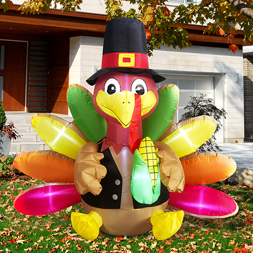 DomKom 6 FT Thanksgiving Inflatables Turkey with Colorful Tail, Thanksgiving Blow up Turkey Decorations Outdoor Built-in LED Lights Yard Autumn Holiday Harvest