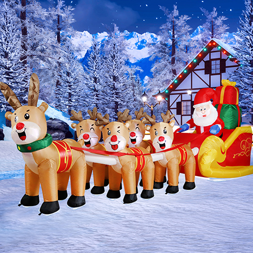  DomKom 12 FT Christmas Inflatable Santa Claus on Sleigh with Five Reindeer, Giant Blow Up Yard Decoration,Built-in LED Lights Decoration for Christmas Party, Holiday Lawn Winter Decor