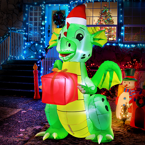  DomKom 7FT Christmas Inflatables Dragon Dinosaur Holding Gift Blow up Giant Yard Decoration, Outdoor Built-in LED Lights Party Lawn Holiday Winter Decor Outside