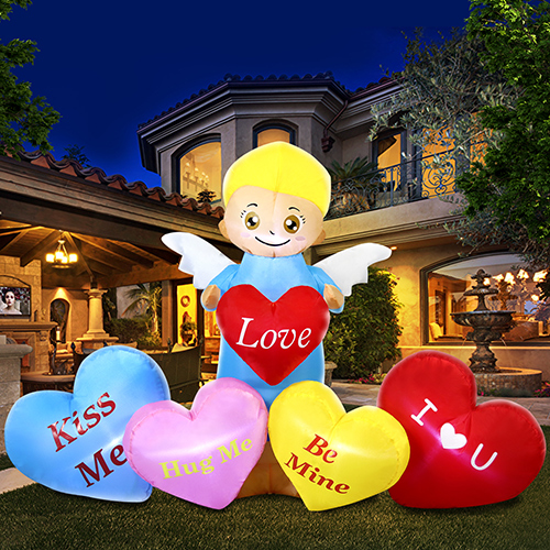 DomKom 5 FT Valentine's Day Inflatable Outdoor Decoration Cupid Angel Holding Love Heart with Sweet Hearts, Holiday Blow Up Yard Decoration for Holiday Party Garden Yard Lawn Spring Décor