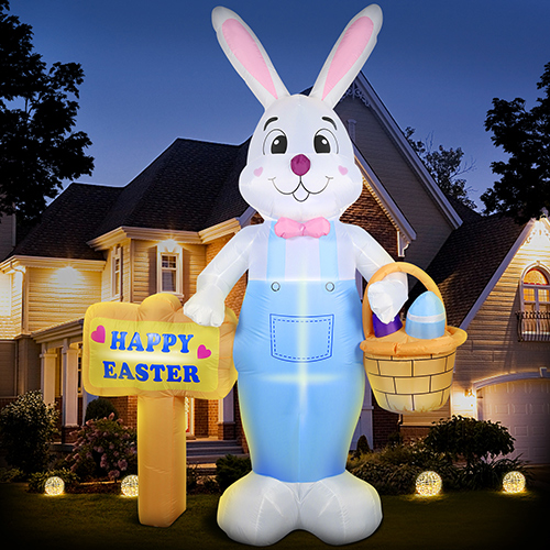 DomKom 8 FT Giant Easter Inflatable Bunny Outdoor Decorations, with Colorful Eggs Basket, Build-in LEDs Happy Easter Blow Up Yard Decorations for Easter Party, Outdoor, Garden, Yard Lawn Décor