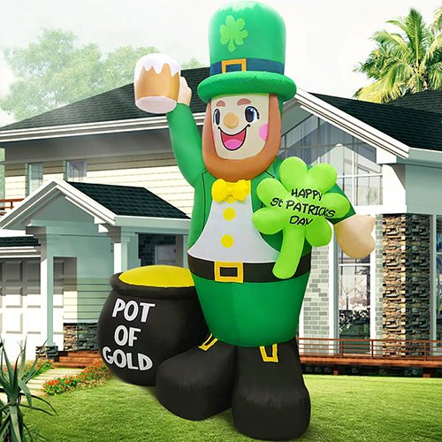 DomKom St. Patricks Day Inflatable Decorations, 8ft Large Leprechaun Blow Up Décor Built-in LED Lights with Shamrock and Gold Coin Pot, Outdoor Lucky Day Holiday Party, Lawn, Yard, Garden, Patio