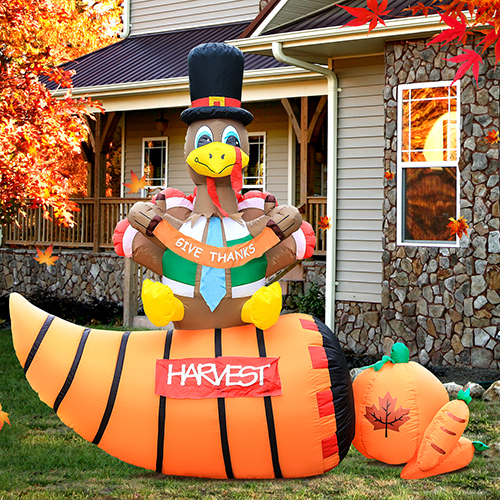 DomKom 6FT Thanksgiving Inflatables Decorations, Turkey on Corncopia Blow Up with LED Lights for Autumns Fall Happy Thanksgiving Festival Outside Indoor Outdoor Lawn Holiday Décor Harvest.