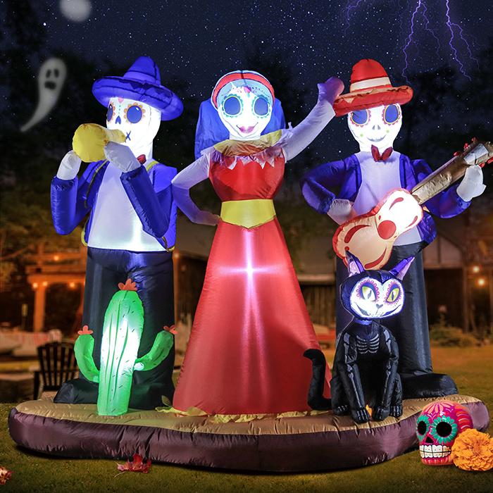 DomKom [2023 New] 7Ft Halloween Inflatables Decorations Catrina Sugar Skull, Day of The Dead Blow Up Dancing Party Dia De Los Muertos Skeleton Black Cat LED Lights Outdoor, Yard, Garden, Lawn Décor