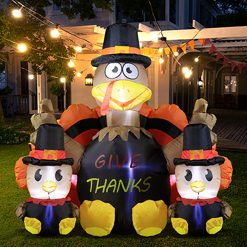 DomKom 6FT Thanksgiving Inflatables Turkey Family, Turkey Decor with Pilgrim Hat & Colorful Tail, Happy Thanksgiving Blow up Turkey Decorations Outdoor Built-in LED Lights Yard Autumn Holiday Harvest