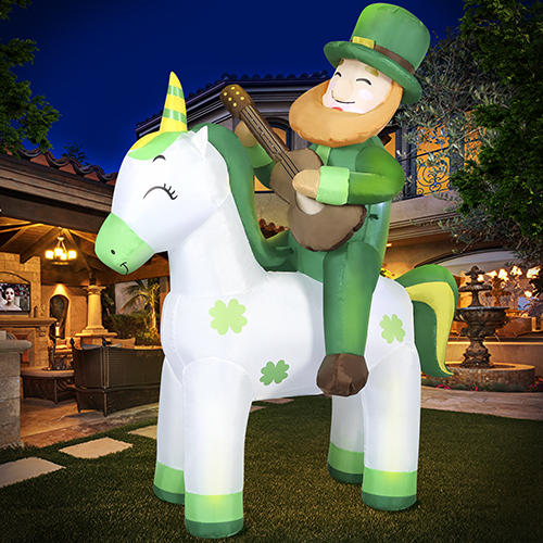 DomKom St. Patricks Day Inflatable Decorations, 5ft Happy Leprechaun Blow Up Décor Built-in LED Lights on Unicorn Playing Guitar, Lucky Day for Outdoor Holiday Party, Lawn, Yard, Garden, Patio