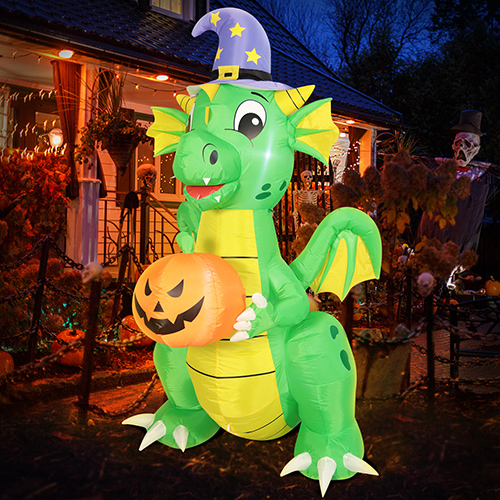 DomKom 7 FT Tall Halloween Inflatables Outdoor Decorations, Witch hat Dinosaur Dragon Holding Pumpkin, LED Lights Holiday Blow Up for Halloween Party Garden Yard Lawn Décor